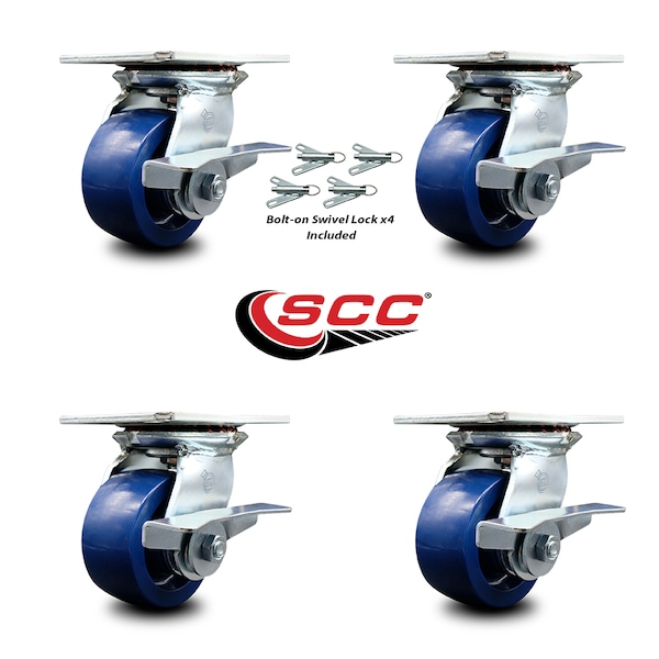 4 Inch Solid Poly Caster Set With Ball Bearings And Brakes/Swivel Locks SCC